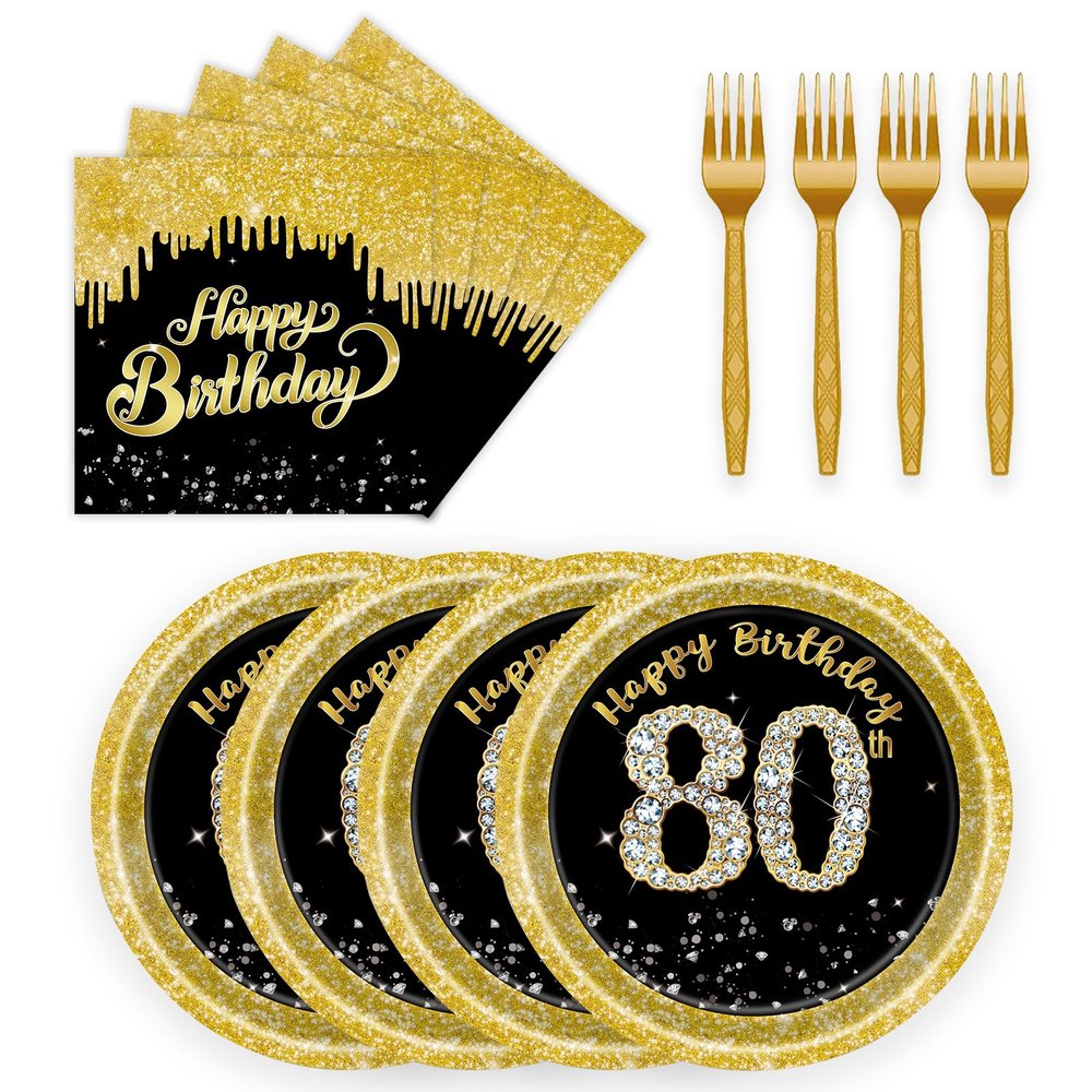 72 Pcs 80th Birthday Paper Plates and Napkins Party Supplies, Back Gold 80th Birthday Party Plates and Napkins Tableware Set for Men Women Cheers to 80 Years Decorations Serves 24