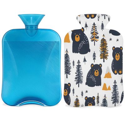 Hsnar Hot Water Bottle with Bears Trees Cover 2L Hot Water Bag for Hot and Cold Compress Hand Feet Warmer PVC Hot Water Bottles for Cramps Pain Relief