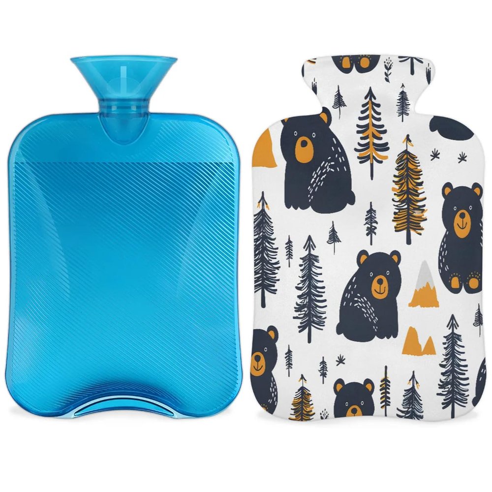 Hsnar Hot Water Bottle with Bears Trees Cover 2L Hot Water Bag for Hot and Cold Compress Hand Feet Warmer PVC Hot Water Bottles for Cramps Pain Relief