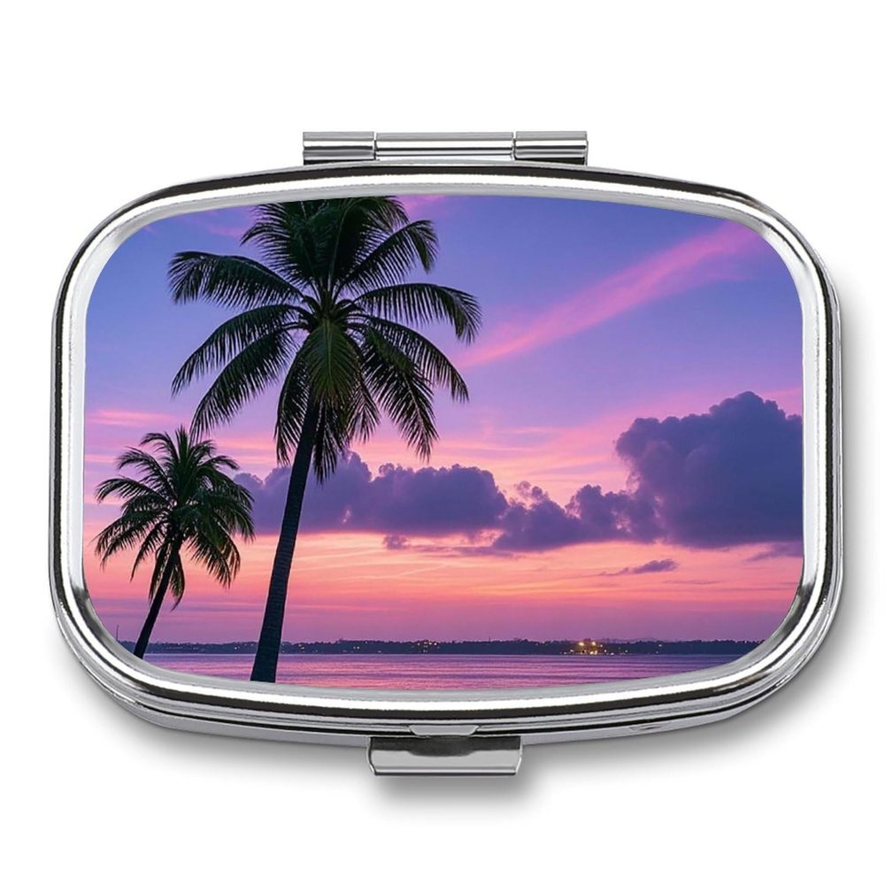 Square Pill Box Palm Tree Purple Sunset Pill Case 2 Compartment Medicine Pill Organizer for Purse & Pocket Portable Travel Pillbox Medicine Vitamin Cod Liver Oil Storage Box Organizer