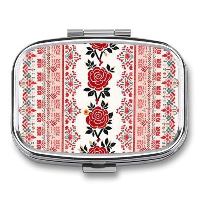 Square Pill Box Ukrainian Embroidery Style Rose Pill Case 2 Compartment Medicine Pill Organizer for Purse & Pocket Portable Travel Pillbox Medicine Vitamin Cod Liver Oil Storage Box Organizer