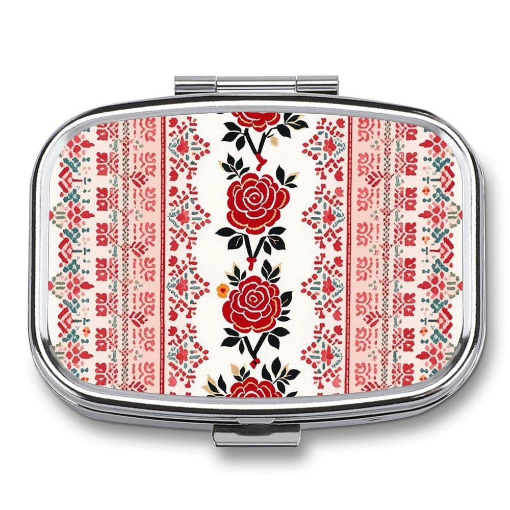 Square Pill Box Ukrainian Embroidery Style Rose Pill Case 2 Compartment Medicine Pill Organizer for Purse & Pocket Portable Travel Pillbox Medicine Vitamin Cod Liver Oil Storage Box Organizer