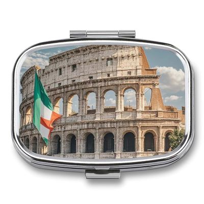 Square Pill Box Roman Colosseum Italian Flag Pill Case 2 Compartment Medicine Pill Organizer for Purse & Pocket Portable Travel Pillbox Medicine Vitamin Cod Liver Oil Storage Box Organizer