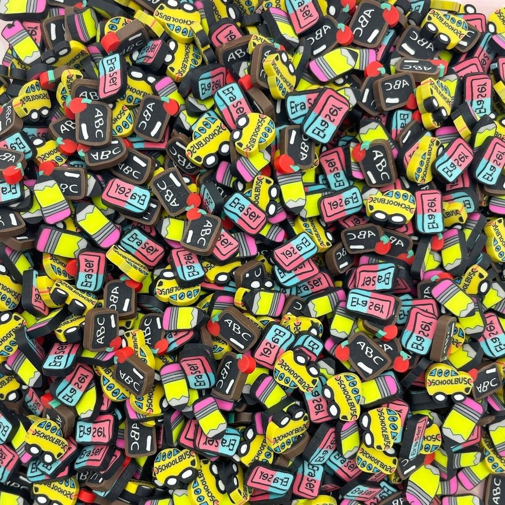 12mm Back to School Sprinkle Mix, School Bus, Pencil, Black Board, Eraser Mix, Polymer Faux Sprinkle Slices (Multicolor, 30 gram Bag)