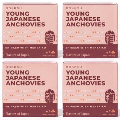 Bokksu Tinned Shirasu Anchovies with Cod Roe (4-Pack) - Authentic Japanese Rich Umami Canned Anchovies with Mentaiko for Onigiri, Pasta, Tamagoyaki Omelettes, and More