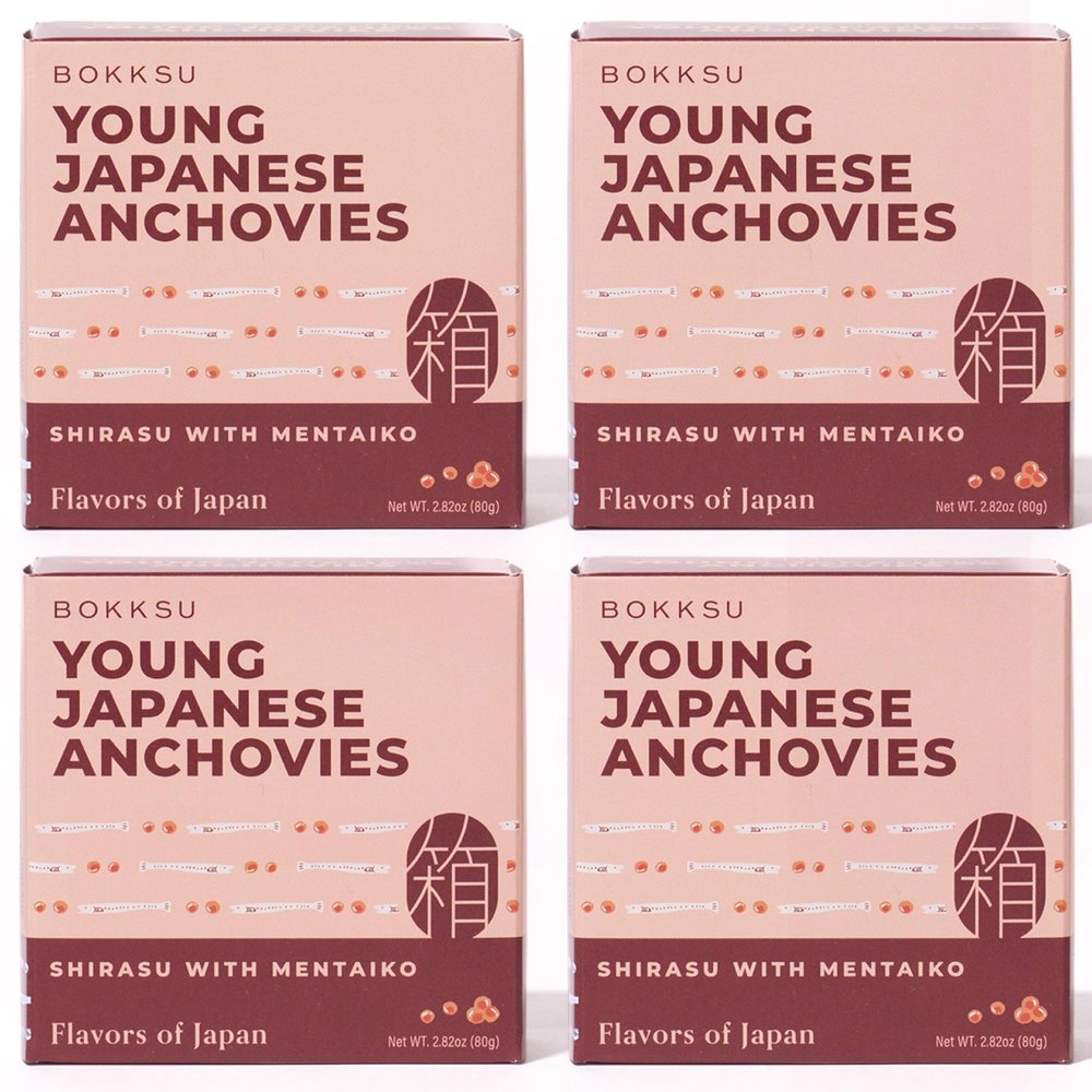 Bokksu Tinned Shirasu Anchovies with Cod Roe (4-Pack) - Authentic Japanese Rich Umami Canned Anchovies with Mentaiko for Onigiri, Pasta, Tamagoyaki Omelettes, and More