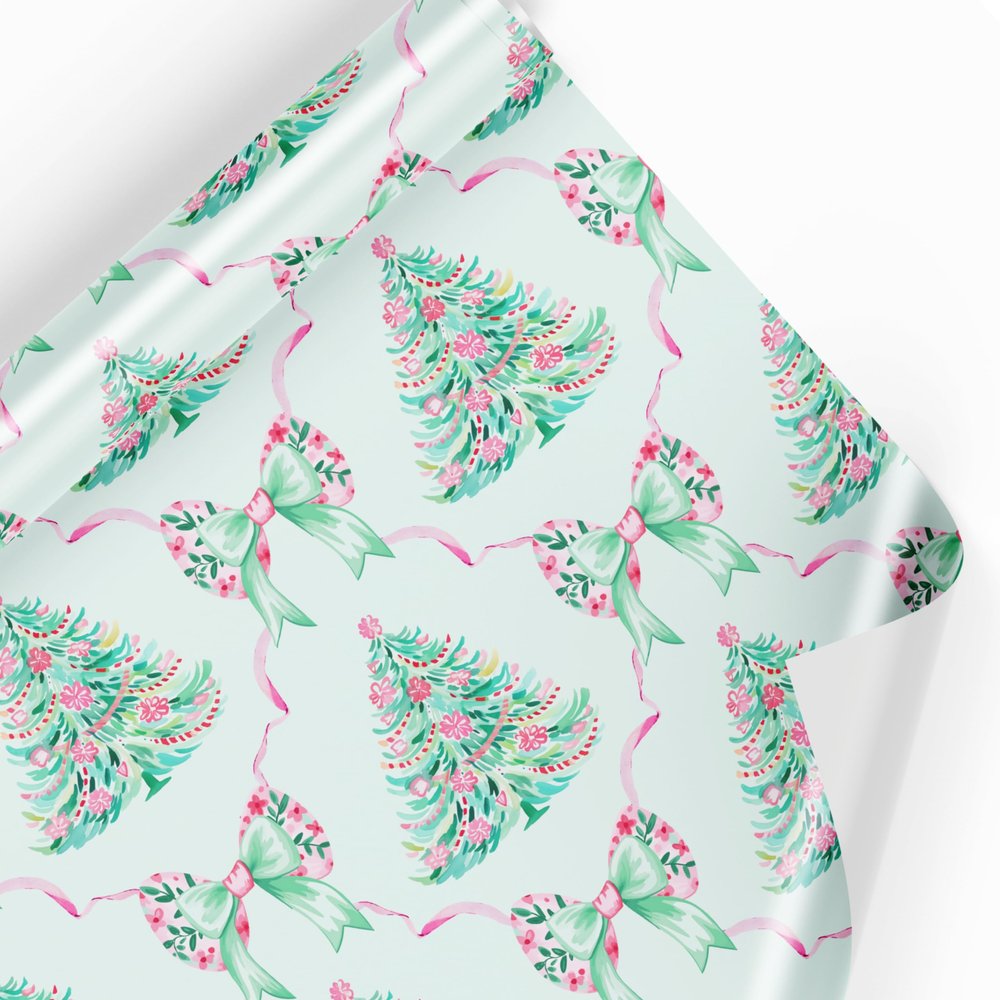 Preppy Christmas Wrapping Paper Girly Xmas Gift Wrap Sister Christmas Gift Wrap Bow Pink Mint Wrapping Paper Preppy Tree