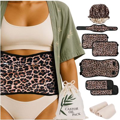Premium Reusable Castor Oil Pack Wrap Kit (10-Piece, S5X, Cheetah) - Pure 100% Double Brushed Cotton Flannel Interior Layers, Dark Fabric Hides Stains, Leak-Resistant Adjustable Design