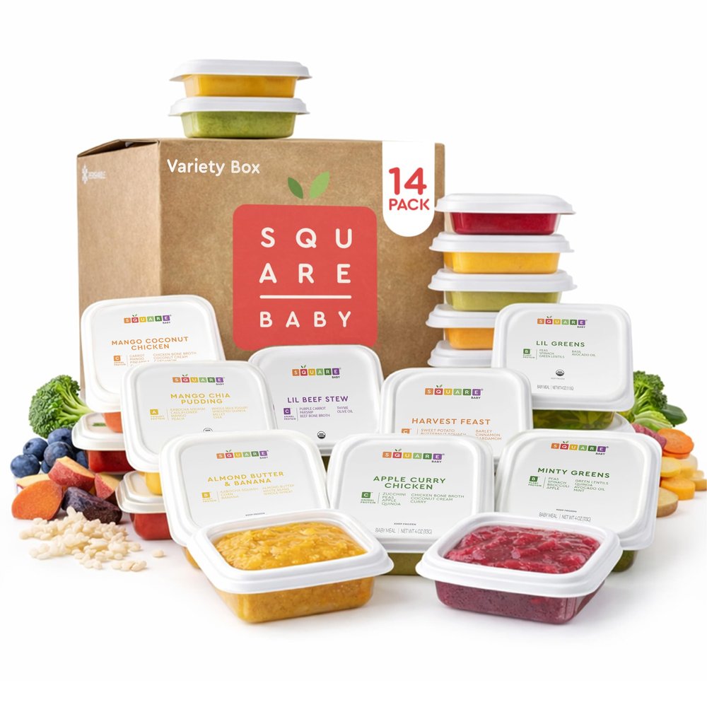 Square Baby Organic Baby Food Purees | Stage 1-3 Variety Pack | Fresh & Dietitian-Designed Veggie-Forward, Balanced Meals | Low Sugar. No Added Sugar | Allergen Intro Options (14 Pack, 4oz)
