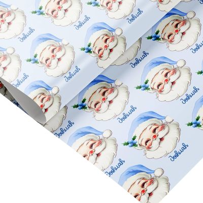 Custom Name Santa Wrapping Paper for Boy Blue Santa Claus Gift Wrap Roll Baby Boy Christmas Wrapping Paper son Blue Xmas Wrap