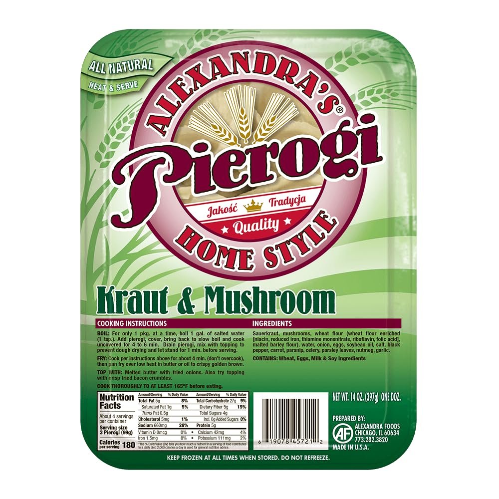 Alexandra's Pierogis 14 oz., Pack of 6 (72 Pierogis total) (Kraut & Mushroom)