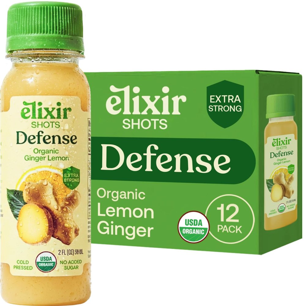 Elixir Shots, Ginger Lemon Wellness Shot with 100% Cold-Pressed Organic Ingredients, No Added Sugars or Artificial Ingredients, Defense Supershot, 12-Pack