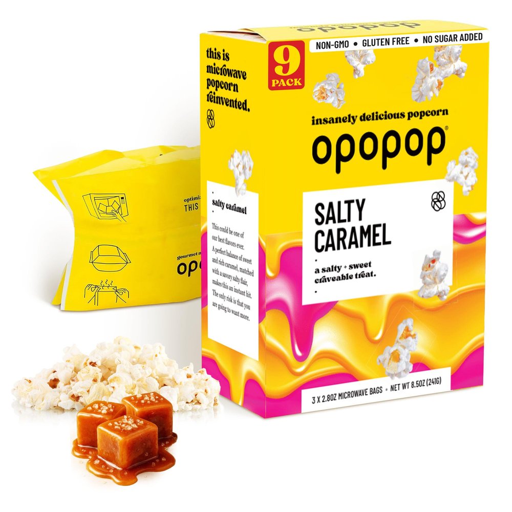 Opopop Microwave Popcorn - Salty Caramel 2.8 oz., 9-Count - Sweet and Salty, Flavored Popcorn, Non-GMO