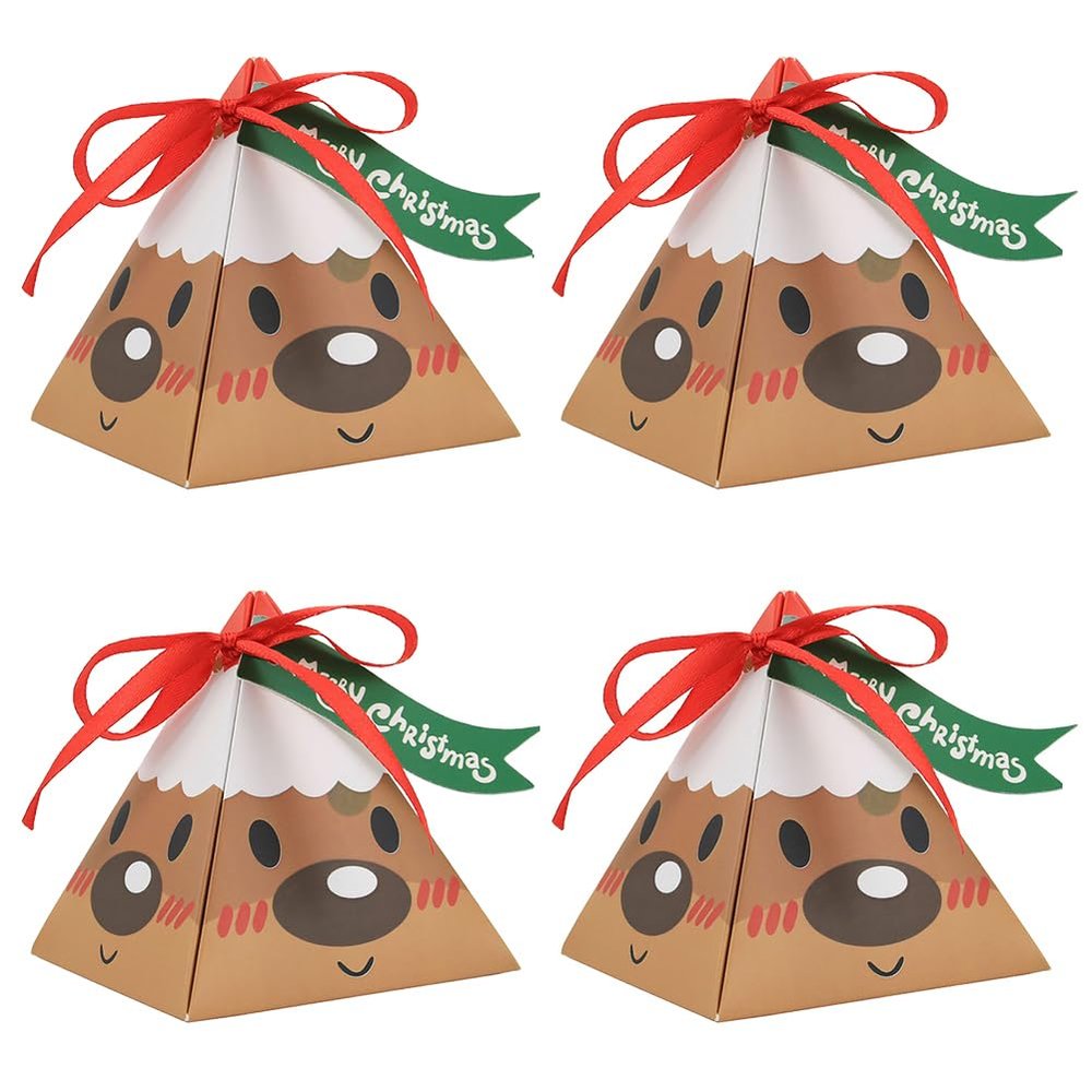 EUBUY 50 PCS Christmas Candy Boxes, Triangle Paper Gift Wrap Boxes with Ribbons and Card, Christmas Treat Gift Boxes for Packaging Candies Biscuits Cookies Chocolates Party Favor