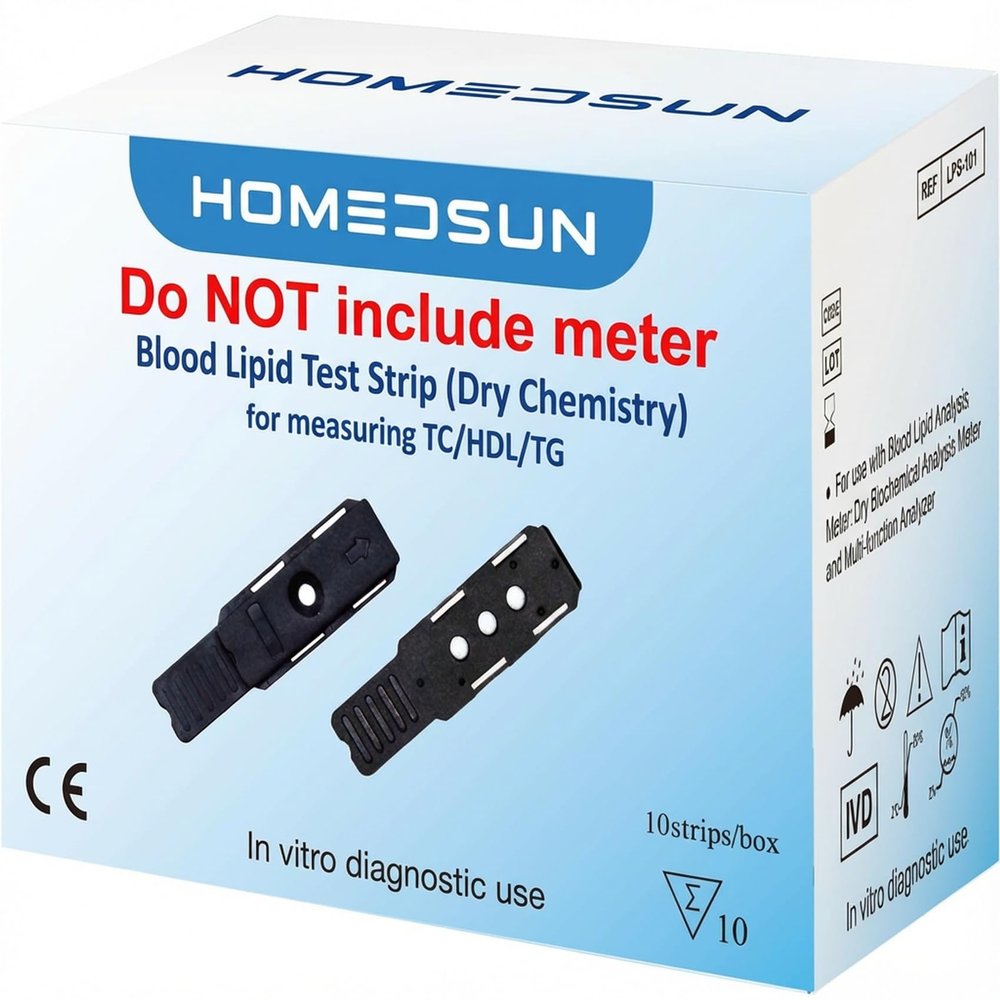 HOMEDSUN 10 Pack 4 in 1 Total Cholesterol HDL LDL and Triglyceride Test Strips with Lancets Droppers Exclusively Compatible with The HSLPM-102 Cholesterol Test Meter (Analyzer is Not Included)