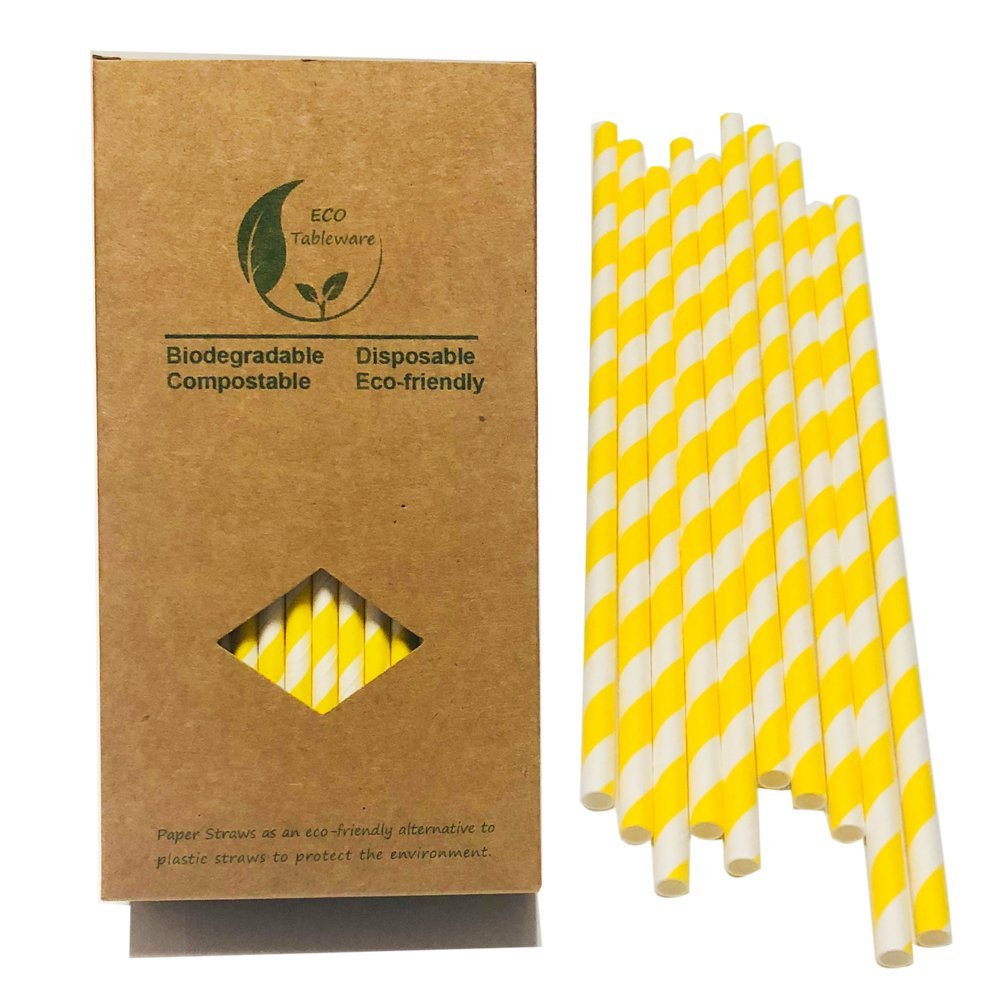 100 Pack Disposable Lemonade Paper Straws, Biodegradable Yellow Striped Drinking Straws for Cocktail Birthday DIY Arts Crafts