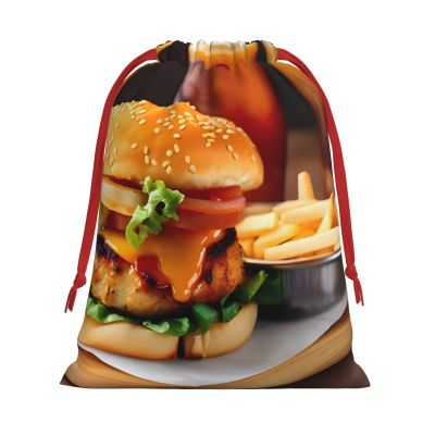 BGSHJVF Chicken Leg Burger Drink Print Holiday Drawstring Gift Bags,Christmas Gift Wrapping Sacks Pouches For Xmas Presents Party Favor
