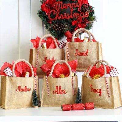 MUST PRIDE Personalized Christmas Gift Bags, Red Burlap Tote Bags for Gift,Xmas Gift Bags, Custom Party Bags,Holiday Sacks,Custom Holiday Gift Bag,Christmas Eve (Style 5)