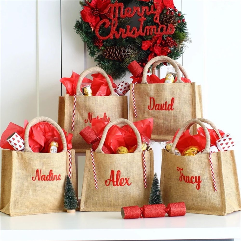 MUST PRIDE Personalized Christmas Gift Bags, Red Burlap Tote Bags for Gift,Xmas Gift Bags, Custom Party Bags,Holiday Sacks,Custom Holiday Gift Bag,Christmas Eve (Style 5)