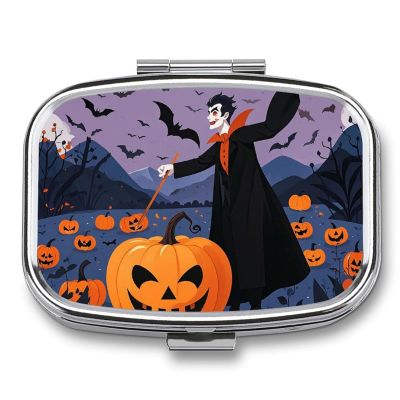 Square Pill Box Vampires Roam The Pumpkin Fields Pill Case 2 Compartment Medicine Pill Organizer for Purse & Pocket Portable Travel Pillbox Medicine Vitamin Cod Liver Oil Storage Box Organizer