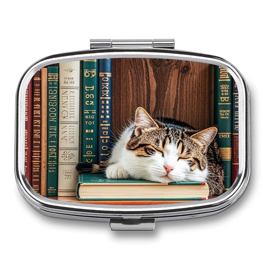 Square Pill Box The Kitten Sleeps on The Bookshelf Pill Case 2 Compartment Medicine Pill Organizer for Purse & Pocket Portable Travel Pillbox Medicine Vitamin Cod Liver Oil Storage Box Organizer