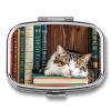 Square Pill Box The Kitten Sleeps on The Bookshelf Pill Case 2 Compartment Medicine Pill Organizer for Purse & Pocket Portable Travel Pillbox Medicine Vitamin Cod Liver Oil Storage Box Organizer