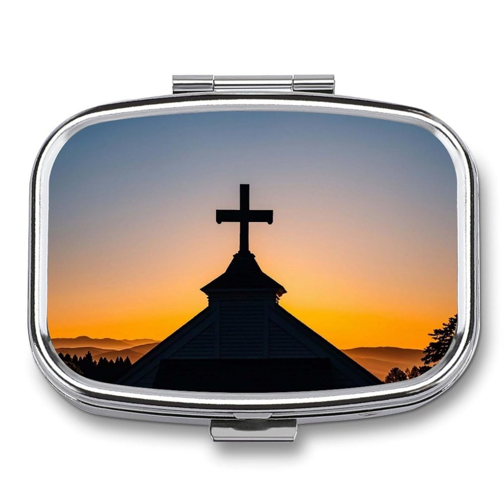 Square Pill Box The Cross Under The Sunset Pill Case 2 Compartment Medicine Pill Organizer for Purse & Pocket Portable Travel Pillbox Medicine Vitamin Cod Liver Oil Storage Box Organizer