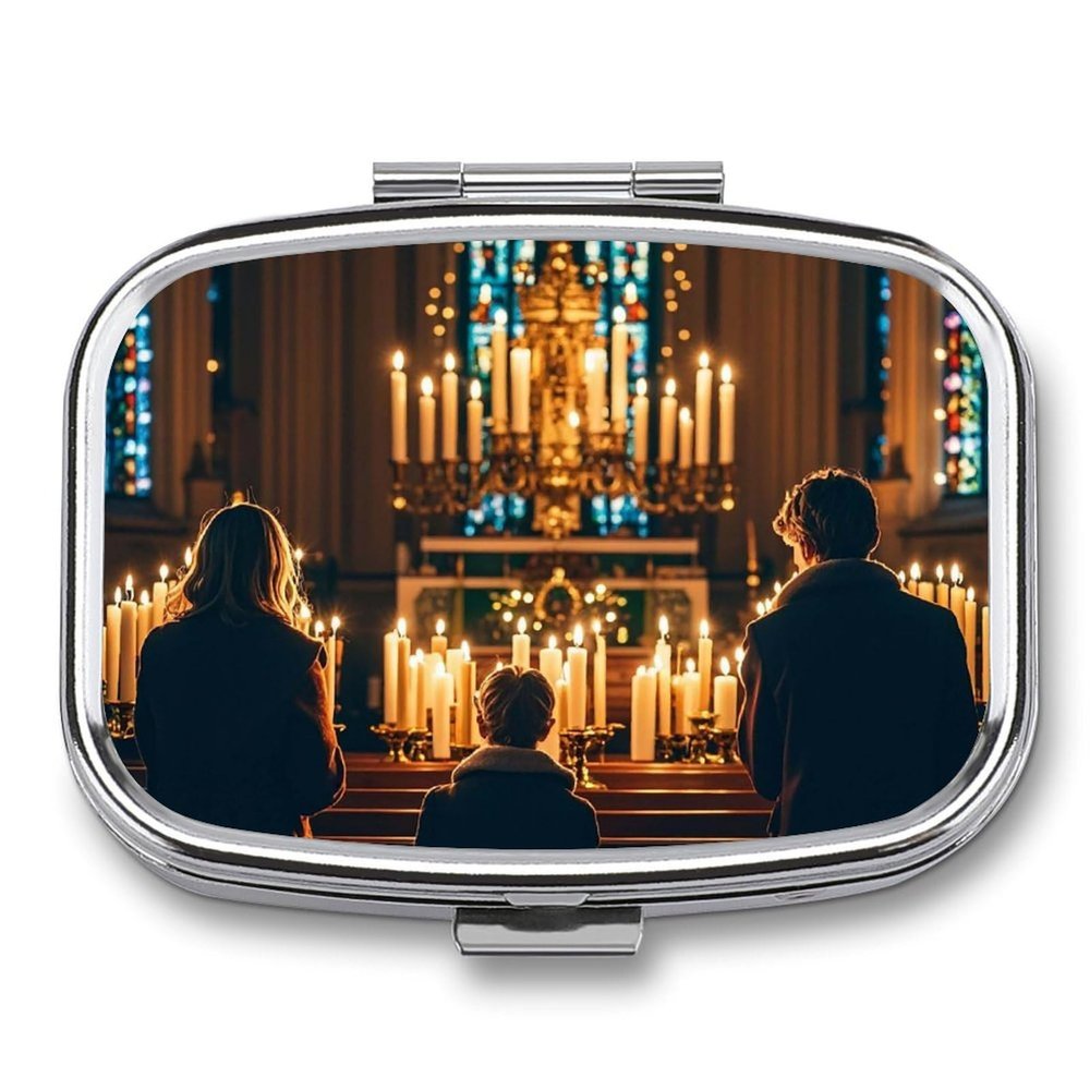 Square Pill Box The Flickering Candlelight in The Church Pill Case 2 Compartment Medicine Pill Organizer for Purse & Pocket Portable Travel Pillbox Medicine Vitamin Cod Liver Oil Storage Box Organizer