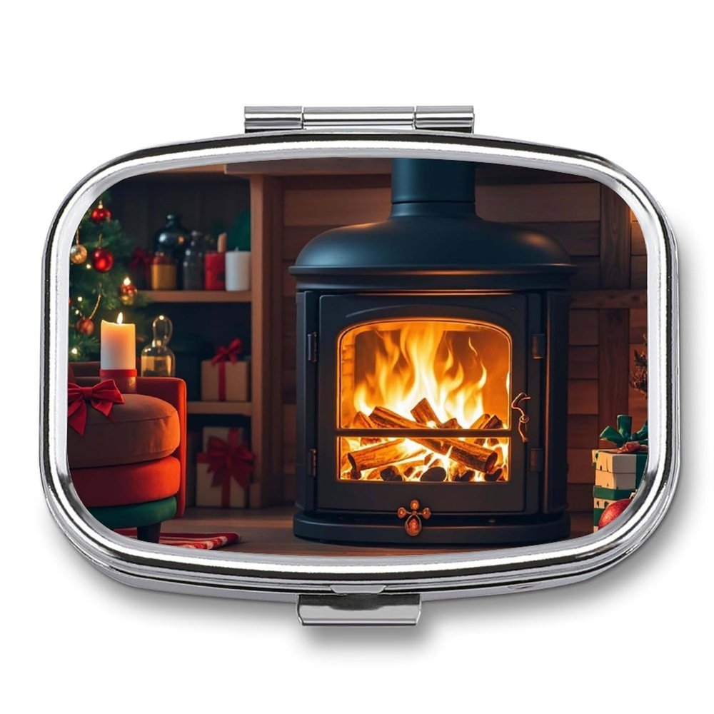 Square Pill Box The Fire Burns Brightly on Christmas Eve Pill Case 2 Compartment Medicine Pill Organizer for Purse & Pocket Portable Travel Pillbox Medicine Vitamin Cod Liver Oil Storage Box Organizer