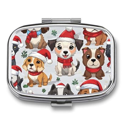 Square Pill Box Christmas Dog Party Pill Case 2 Compartment Medicine Pill Organizer for Purse & Pocket Portable Travel Pillbox Medicine Vitamin Cod Liver Oil Storage Box Organizer