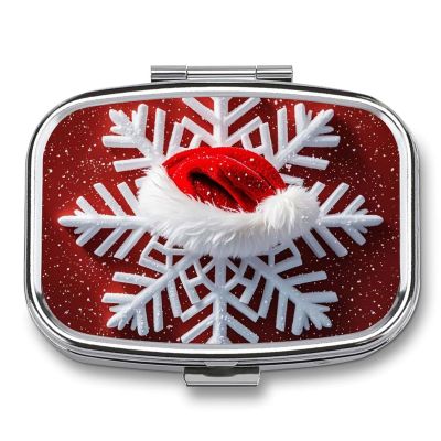 Square Pill Box White Snowflake Red Christmas Hat Pill Case 2 Compartment Medicine Pill Organizer for Purse & Pocket Portable Travel Pillbox Medicine Vitamin Cod Liver Oil Storage Box Organizer