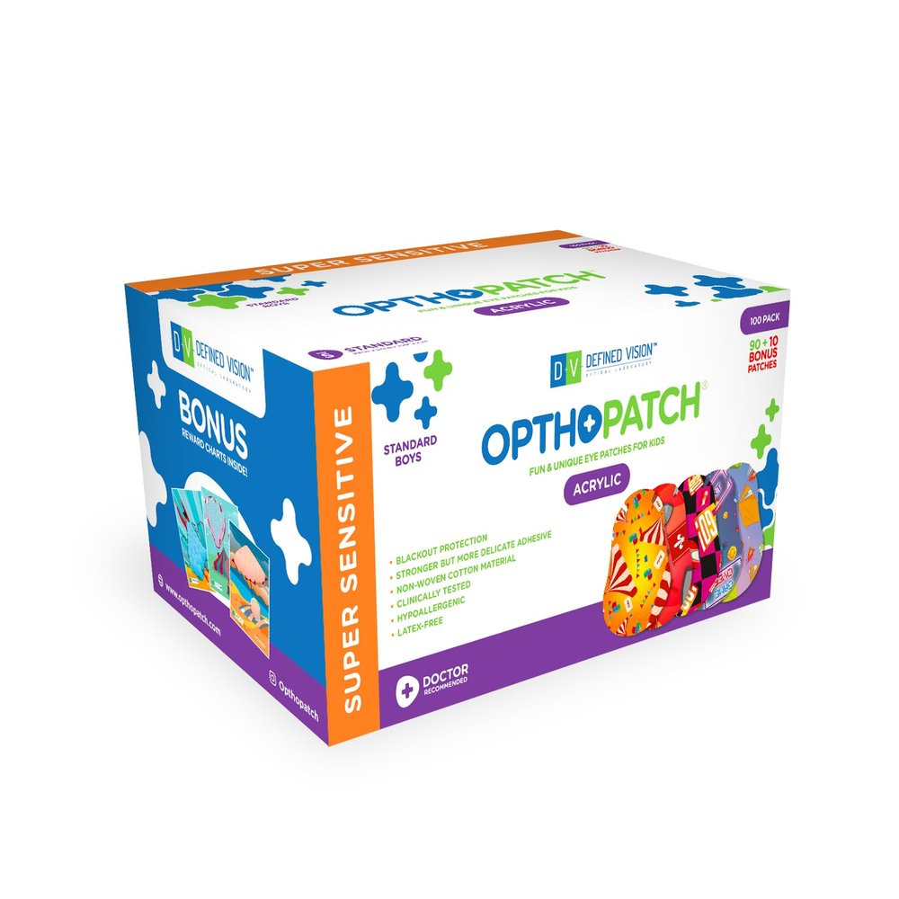 Opthopatch Kids Eye Patches with Extra Hypoallergenic Acrylic Adhesive, 100 Breathable Patches for Amblyopia & Lazy Eye, Fun Boy-Friendly Designs, 3 Rewards Chart Included by Defined Vision