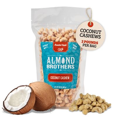 Almond Brothers Roasted Cashews - 2 lb Bag - Hand Crafted Candied Coconut Cashews, Gluten-Free, Non-GMO