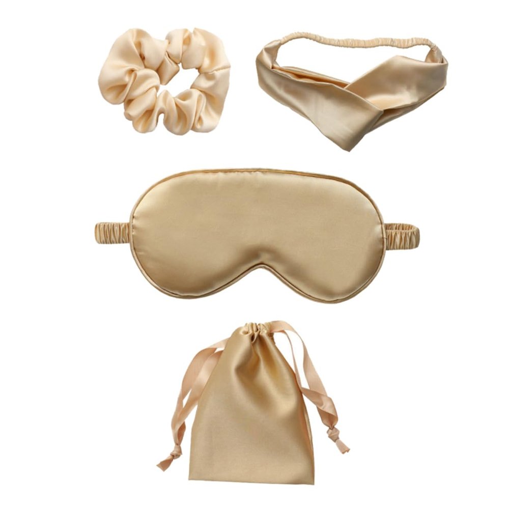 1set Artificial Silk Sleeping Mask Set Eye Mask Hair Tie Hairband Storage Bag Comfortable Sleep Eye Cover for Travel Relaxation and Fatigue Relief