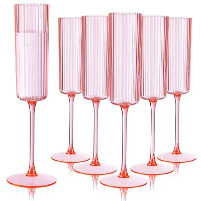 Ciaell 24 Pack Pink Plastic Champagne Flutes - 6oz Ribbed Disposable Champagne Glasses - Pink Vintage Mimosa Glasses with Long Stem, Elegant & Lightweight for Weddings and Party