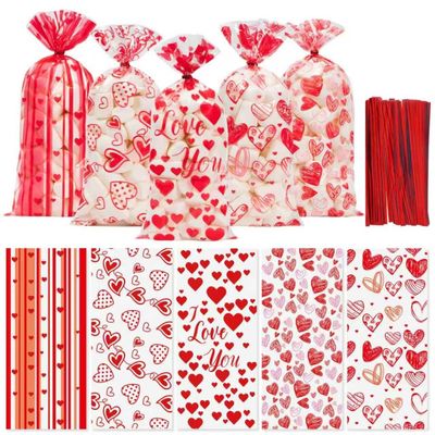 100 Pcs Valentine Treat Bags - Red Heart Cellophane Goodie Bags, Clear Plastic Happy Valentine's Day Cello Candy Gift Bag With Twist Ties for Wedding Anniversary Party Favors Supplies