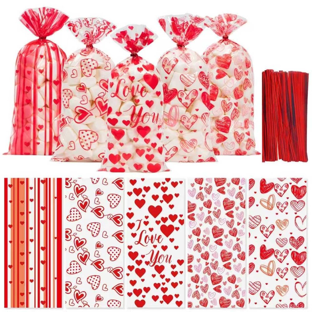 100 Pcs Valentine Treat Bags - Red Heart Cellophane Goodie Bags, Clear Plastic Happy Valentine's Day Cello Candy Gift Bag With Twist Ties for Wedding Anniversary Party Favors Supplies