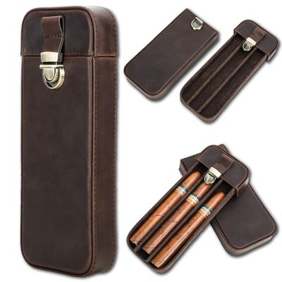 CataPurus Top Grain Leather Travel Cigar Case Tray, Handmade, Brass Press Push Lock with Drawer, Genuine Leather Portable Cigar Humidor Case, Gift Choice for Cigar Lovers, Matte Coffee for 3 Fingers