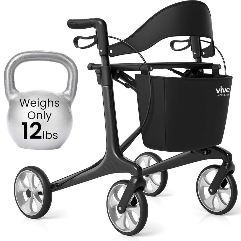 Vive Lightweight Rollator Walker with Seat - Carbon Fiber Frame for Seniors