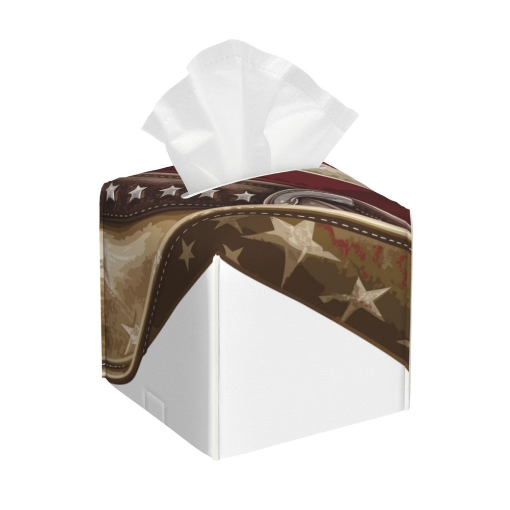 Cowngirl Hat Tissue Box Cover American Flag Square Pu Leather Waterproof Tissue Box Holder for Car Bathroom Bedroom Office Tabletop Decor
