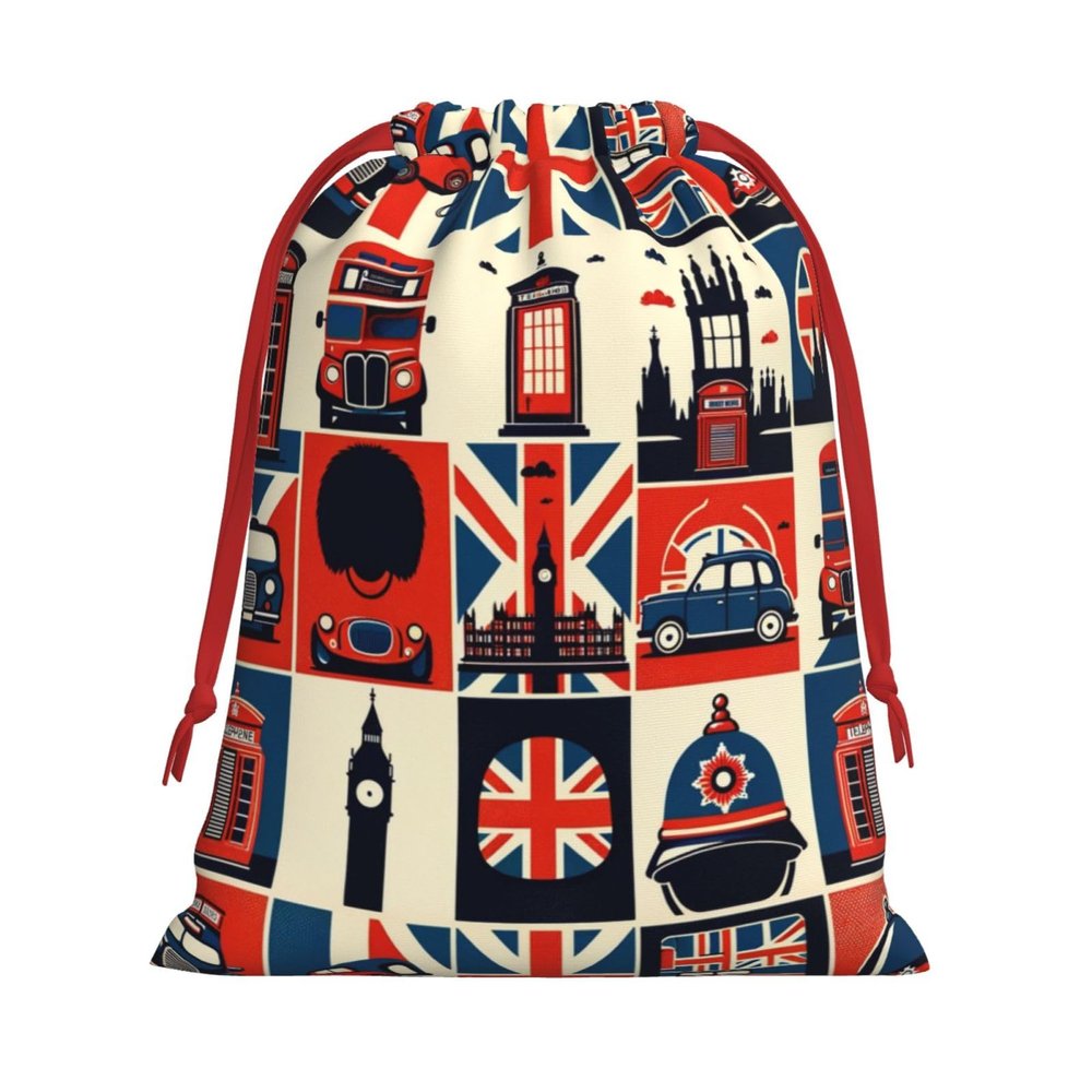Augenstern Soft Velvet Christmas Drawstring Bag London-British-Symbols Reusable Present Wrapping Sack