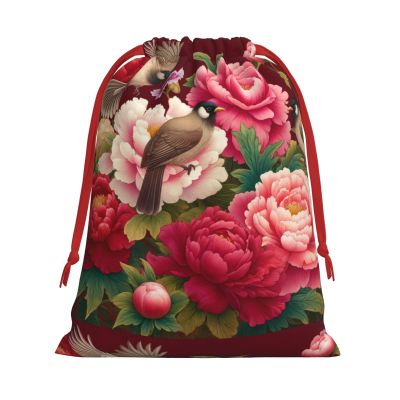 Augenstern Soft Velvet Christmas Drawstring Bag Chinese-Art-Bulbuls-Peonies Reusable Present Wrapping Sack