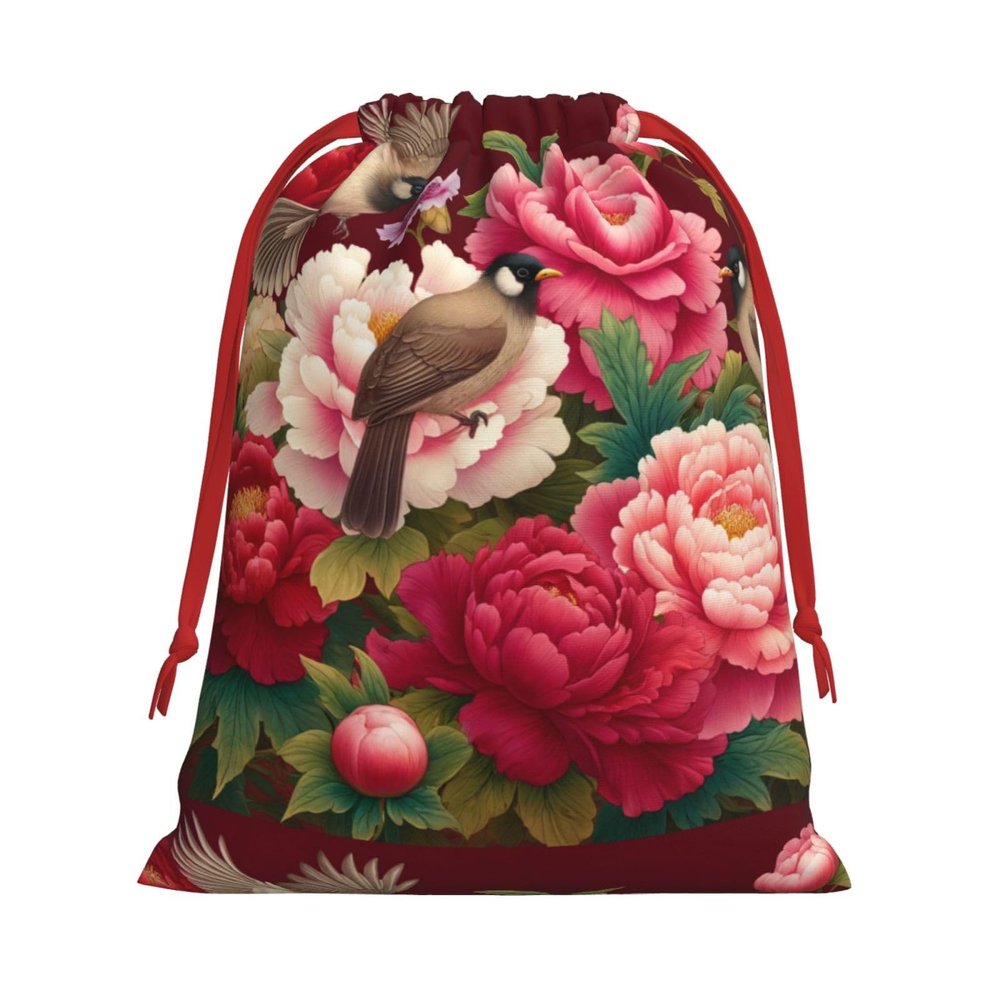 Augenstern Soft Velvet Christmas Drawstring Bag Chinese-Art-Bulbuls-Peonies Reusable Present Wrapping Sack