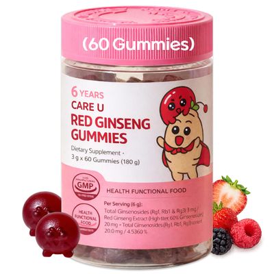 CARE U Korean Red Ginseng Gummies for Kids +2 | Immunity Support, No Added Sugar, Ginsenoside, Caffeine Free, Natural Berry Flavor, 60 Count (30 Day Supply)