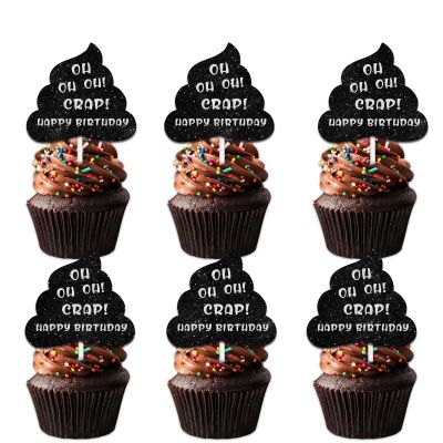 18pcs Black Glitter Poop Dessert Cupcake Topper Pick for Funny Theme Decor Supplies Men Women Happy 60th Birthday Party Decoration