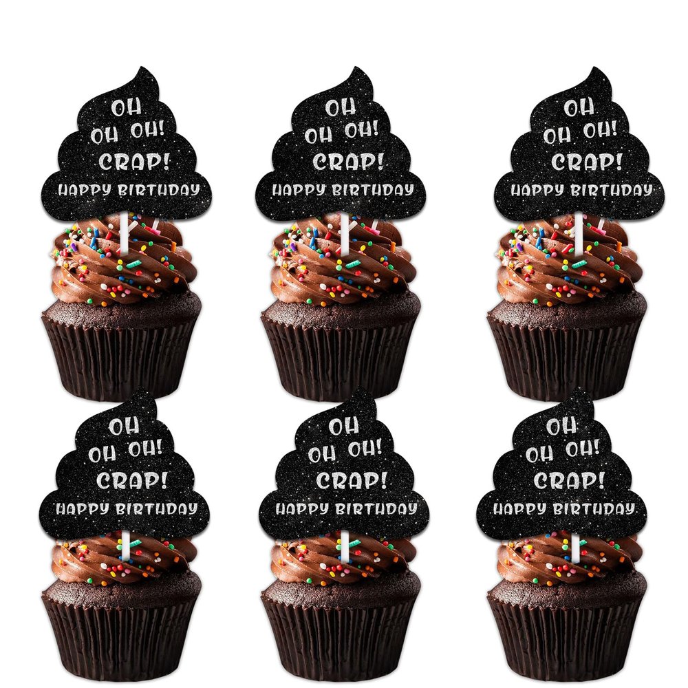 18pcs Black Glitter Poop Dessert Cupcake Topper Pick for Funny Theme Decor Supplies Men Women Happy 60th Birthday Party Decoration
