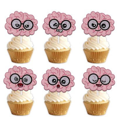18pcs Pink Glitter Dessert Cupcake Topper Pick for Human Intelligent Cute Brain Theme Decorations Men Women Happy Birthday Party Decor Supplies
