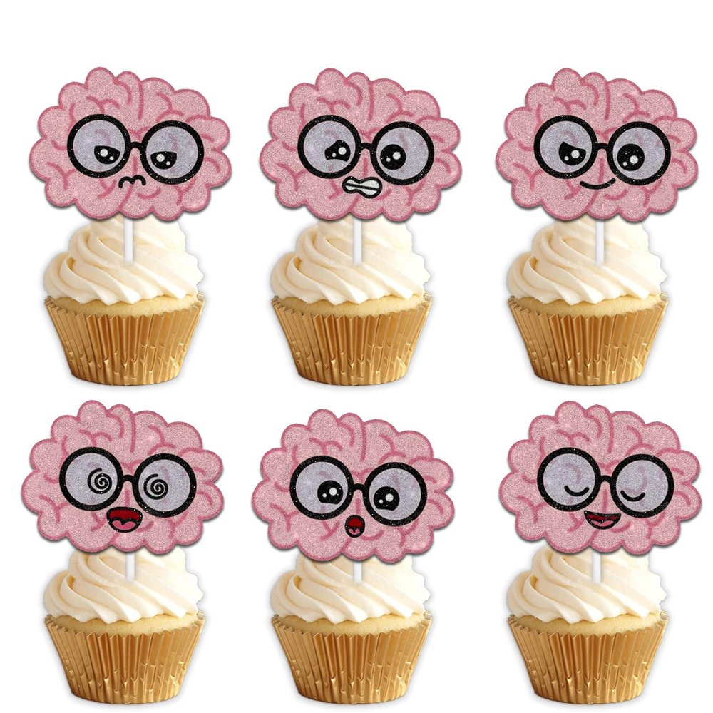 18pcs Pink Glitter Dessert Cupcake Topper Pick for Human Intelligent Cute Brain Theme Decorations Men Women Happy Birthday Party Decor Supplies