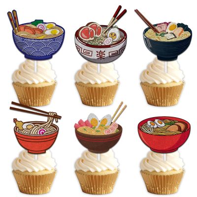 18pcs Glitter Dessert Cupcake Topper Pick for Japanese Food Noodle Theme Decor Supplies Baby Shower Men Woman Happy Birthday Party Decorations