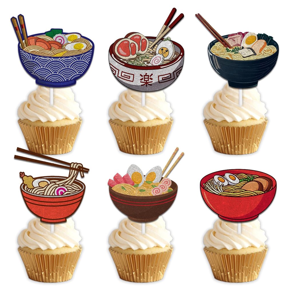 18pcs Glitter Dessert Cupcake Topper Pick for Japanese Food Noodle Theme Decor Supplies Baby Shower Men Woman Happy Birthday Party Decorations